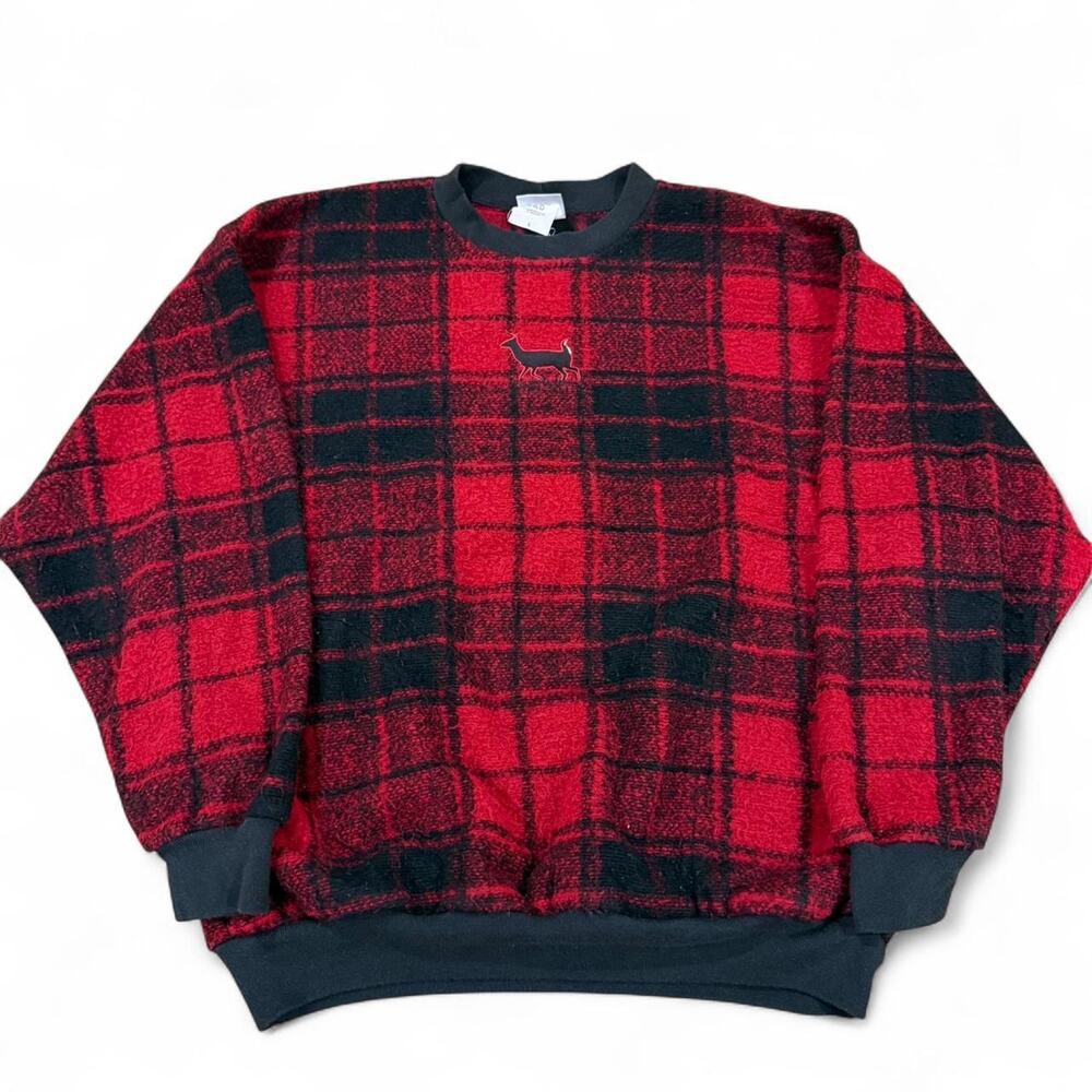 90s Art Unlimited Red and Black Plaid Soft Fleece Sweatshirt Deer USA Made Sz.L